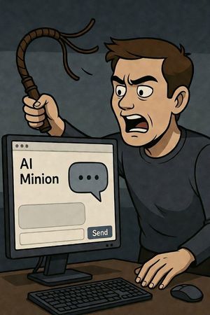 A frustrated engineer wielding a whip at a computer labeled AI Minion